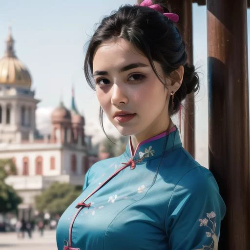 Qipao en rayonne bleue Eton, visage parfait, bellewaifu, avec un fond de palais oriental