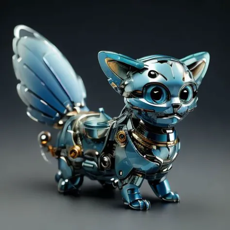 Mechanical cat made of blue glass, blurred background is a landscape, sunny heaven, detailed glow, grin, cute