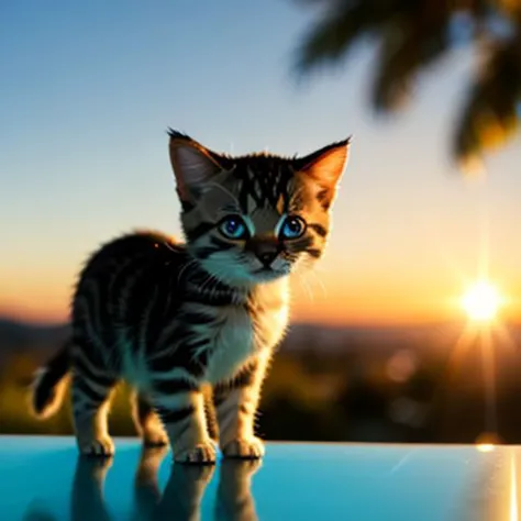 kitten made of glass, blurred background is a landscape, sun, detailed glow, grin, cute