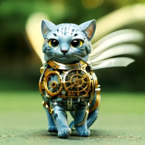 Mechanical cat, blurry background is a landscape, sunny heaven, detailed glow, grin, cute