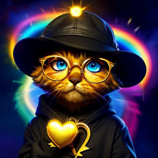 带帽子和眼镜的金猫, 背景是闪电的天空, 抱着一颗心说 "404", 卡通片, 猫在玩彩虹球, 蓝眼睛