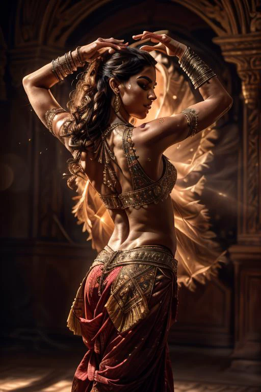 a profestional picutre of 1man, bellydancer, muscular, realistic, barefoot, bracelet, necklace, jewelry,Dancer's Grace: Behavior: The character moves with fluid elegance, their body swaying to a rhythm only they can hear. Their expressions shift from serene to impassioned, their movements embodying a passionate connection to music and dance., , camera angle from behind and cowboy shot, photorealism,unreal 5 daz,perfectly drawed hands,perfectly drawed face,perfect body,extremely detailed artgerm greg rutkowski greg,((ultrasharp)),((masterpiece)),((best quality)),((ultradetailed)),((intricated details)),ultradetailed character,detailed face,intricated face details,extremaly detailed background,perfectly detailed face,character focus,intricated details of face,fFaceDetail ultra realistic,32k,RAW photo,(high detailed skin:1.2),8k uhd,dslr,soft lighting,high quality,film grain, beautiful and aesthetic,extremely detailed