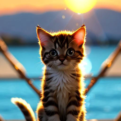小貓是玻璃做的, 模糊的背景是風景, 太陽, 細緻的發光, 咧嘴笑, 可愛的