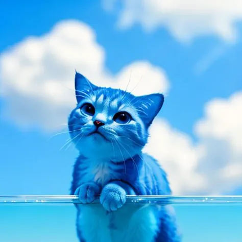 cat made of blue glass, blurry background is a heaven with clouds, sunny heaven, detailed glow, grin, cute