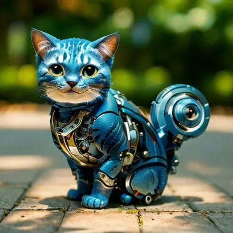 Mechanical cat, blurry background is a landscape, sunny heaven, detailed glow, grin, cute