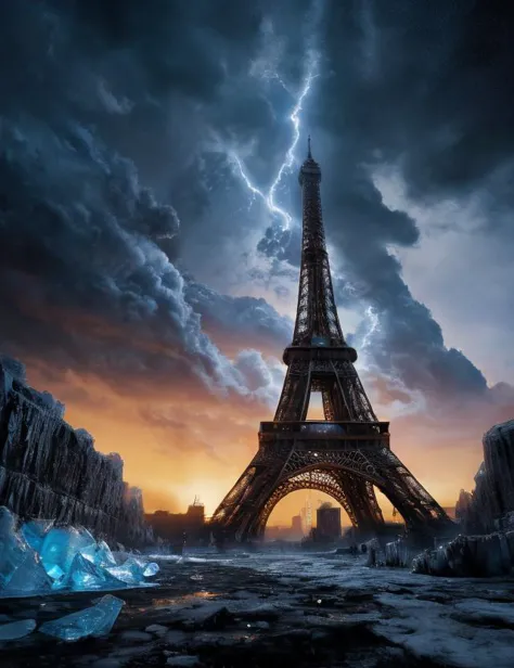 (from below:1.2), ((rusty Eiffel Tower), among huge black ice, lightning, black clouds, dark theme, dramatic plot, giant ice mou...