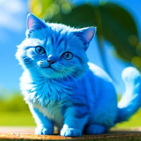 cat made of blue glass, blurry background is a heaven with clouds, sunny heaven, detailed glow, grin, cute