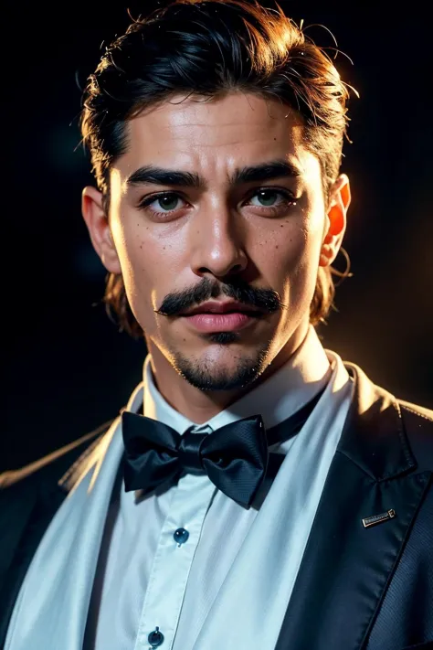 an awarded profesional photography of (1man:1.3) Latino  with Green eyes with  male short hair hairstyle and walrus mustache in blonde color, wearing a tuxedo   curious, stroking own chin   in sleek, Orbital defense platform, Alien battlefield, A world wit...