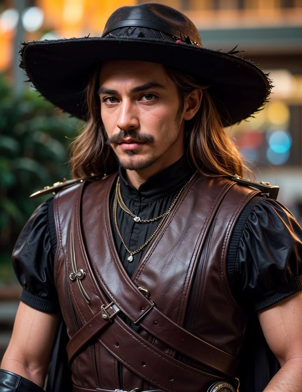 High resolution, high quality, high detail, soft lighting, cinematic lighting, realistic, DSLR, bokeh, studio quality, film grain, panorama, film grab of a young landsknecht wearing a large hat with colorful feather plumes, plate armor, black shirt, moustache, holding a very long sword, standing, simple background, 80s fantasy movie, ( highly detailed skin:0.7),(film grain:1.3), 8k uhd, dslr, soft lighting, high quality, HDRI, Fujifilm XT3 Nikon D850, RAW