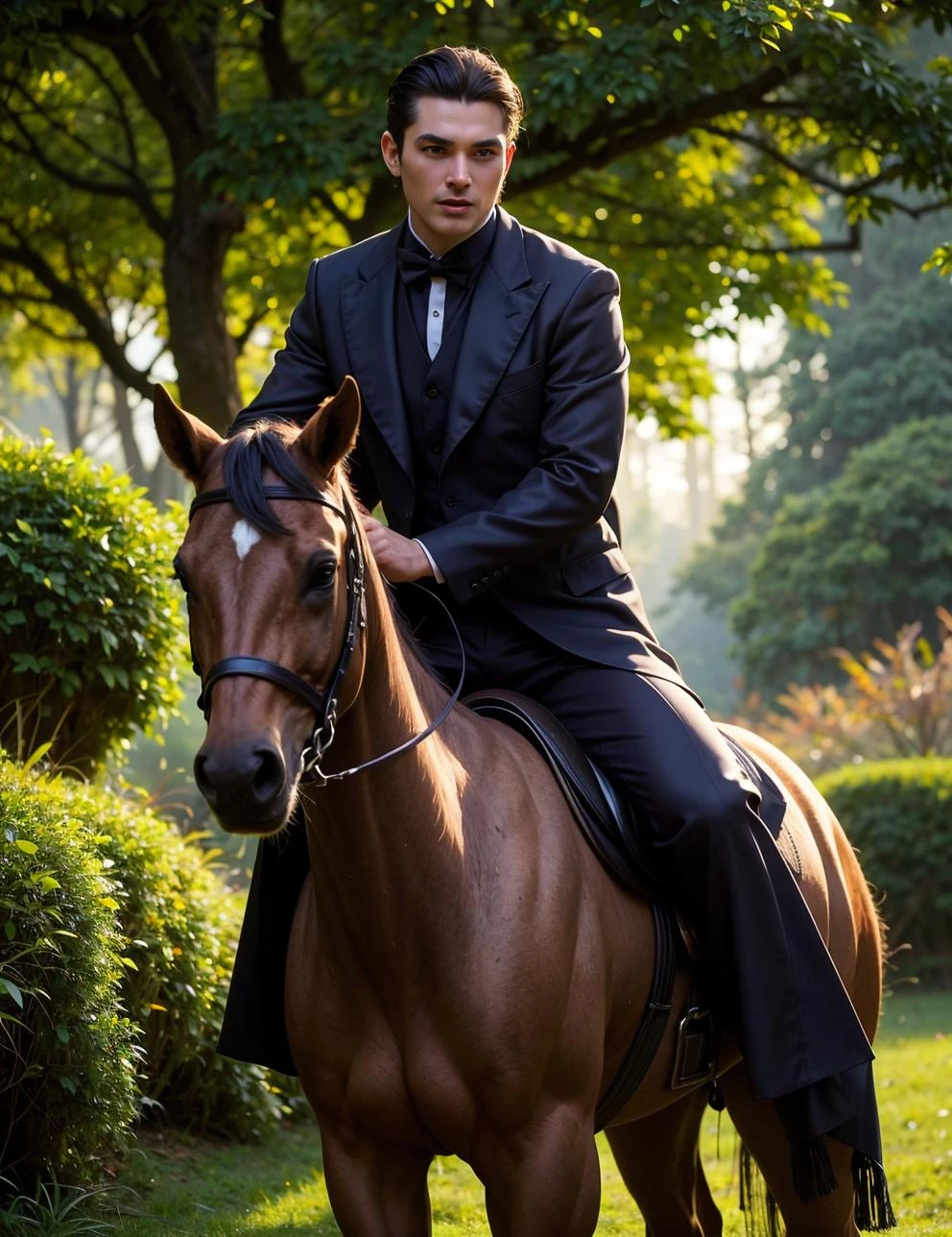 an awarded profesional photography of (1man:1.3) Caucasian  with Sapphire eyes  with  male Polished slicked-back hairstyle hairstyle and long boxed beard in titian  color, dressed as Vampire   sad smile, riding a horse  in Experience the tranquility of a moss garden (kokedera), with its lush greenery, soft carpet of moss, and carefully placed rocks, creating a serene and harmonious environment ,(epic scene:1.3),ultradetialed character with perfect face,detailed skin,(ultrasharp:1.3),(masterpiece:1.1),best quality,(photorealistic:1.2),ultrarealistic,realistic ultradetailed character,4k perfect quality, by Robert Frank Moonlighting camera angle from behind and focus on face  Magnificent,Imperceptible detail,Intricately designed,  (perfect quality face:1.5)  hyper-detailed complex,  insanely detailed, detailed clothes, detailed skin, detailed body, , 1man, realistic lights, realistic shadows, profesional photo RAW, Canon EOS 5D,, Photorealism
