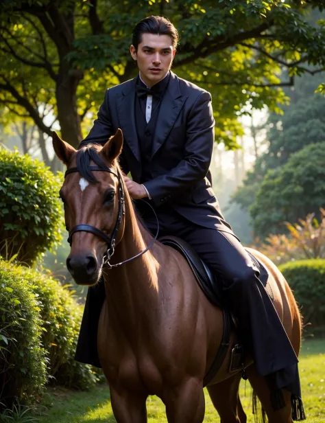 an awarded profesional photography of (1man:1.3) Caucasian  with Sapphire eyes  with  male Polished slicked-back hairstyle hairstyle and long boxed beard in titian  color, dressed as Vampire   sad smile, riding a horse  in Experience the tranquility of a m...