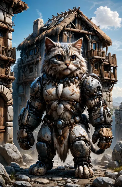 amazing quality, masterpiece, best quality, hyper detailed, ultra detailed, UHD, HDR, wide-angle lens, futuristic,
a hairy persian cat standing in front of stone house, opened mouth, 
<lora:add-detail-xl:0.75>,
<lora:dvr-stnd:1> dvr-stnd,
<lora:EnvyBetterHiresFixXL01:0.75>,
<lora:extremely_detailed:1.2> extremely detailed,
<lora:cfc-giant-mechanical-arms:0.55>, giant mechanical arms,