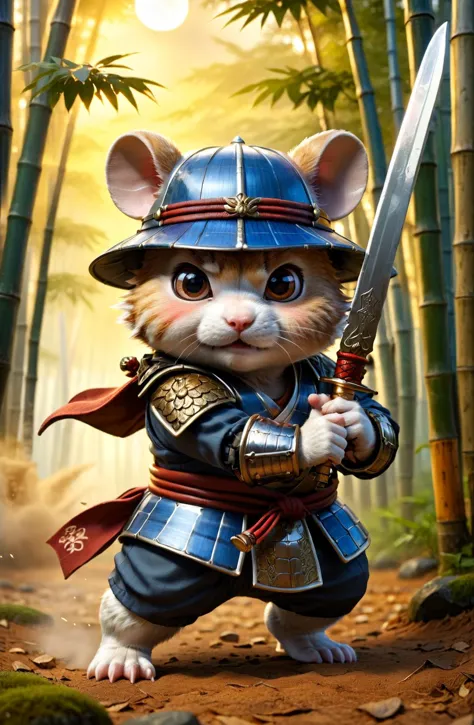 qualité incroyable, ultra détaillé,
un hamster dans une forêt de bambous, seulement, Mignon, kawaii, portant ral-phtvoltc., ral-phtvoltc porte, samouraï, holding samouraï sword,
coucher de soleil, Ciel magnifique, poussière brillante, vent souffle, couleurs dynamiques et vives, fascinant,
attractif,
en colère,
photo d&#39;action,
extrêmement détaillé,