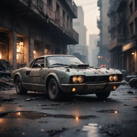 a close up of a car parked on a street in a city