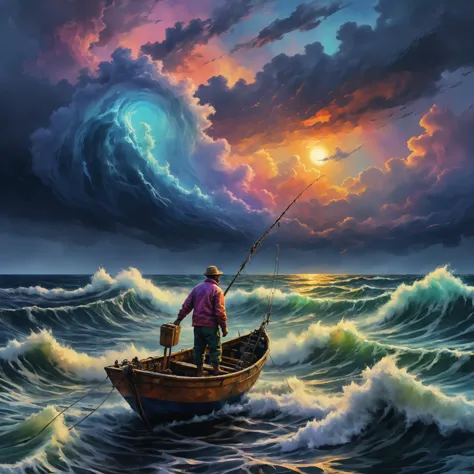 painting of a man fishing in a boat in the ocean