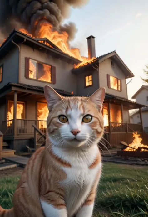 there is a cat sitting in front of a house that is on fire