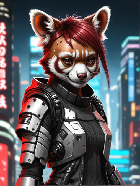 a red panda cyberpunk woman anime drawing, detailed, realistic, 8k uhd, high quality