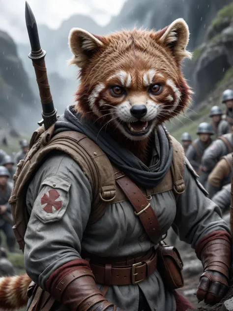 an cute red panda soldier woman is fighting in the trenches of ww1. anger is in her detailed face, fotoreal, detailed, realistic, 8k uhd, high quality