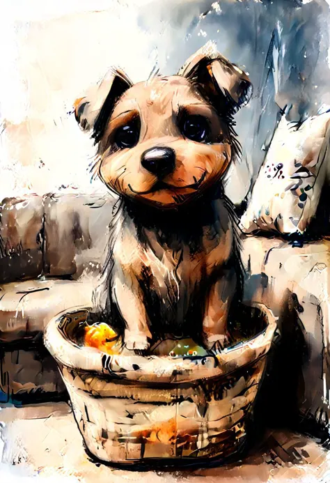 impactful color paint of cute drawing of a puppy in a wicker basket, sofa, pillows, highly detailed,  8k,   sharp,  professional...