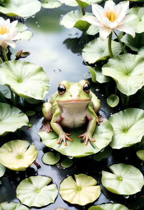 ((masterpiece)),((best quality)), 8k, high detailed, ultra-detailed, A charming and adorable frog with big, expressive eyes, perched on a lily pad in a serene pond, surrounded by water droplets and lush greenery, capturing the whimsical beauty of nature. Charming frog, big expressive eyes, lily pad, serene pond, water droplets, lush greenery