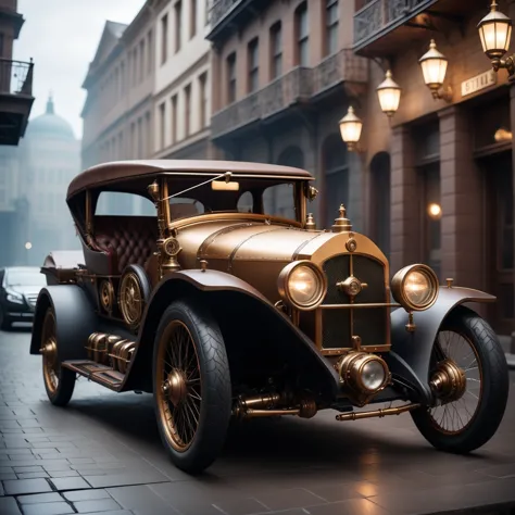 there is a vintage car that is parked on the street