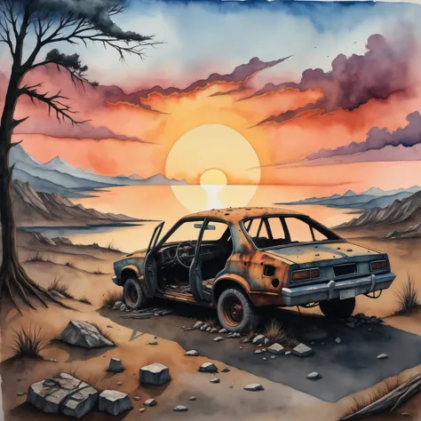 post-apocalyptic sunset at the end of the world of the new dawn, burned out car in the front aquarelle drawing