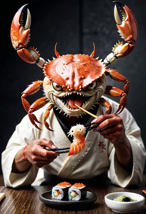 A crab eating sushi