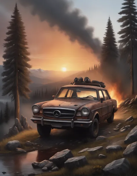 post-apocalyptic sunset at the end of the world of the new dawn, burned out car in the front aquarelle drawing
, detailed, realistic, 8k uhd, high quality