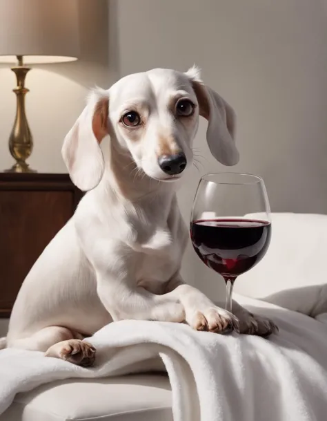 A elegant white dachshund sits on a white towel looking skeptical with a glass of red wine, looking down at viewer with quiet resentment, in a living room, head tilted down