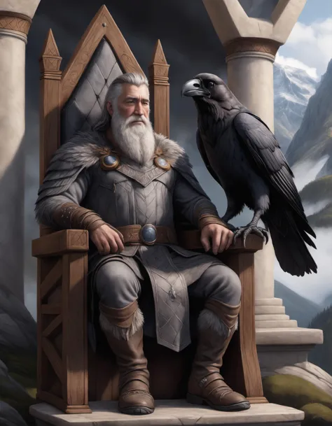 odin with his two raven sitting in Walhalla near Yggdrasil on a throne, detailed, realistic, 8k uhd, high quality, detailed, realistic, 8k uhd, high quality