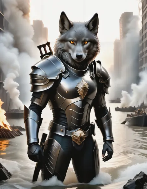((detailed fenris wolf )), wearing runes armor, ragnark, destroyed city after nuclear blast flodded with ((black water:1.2)), po...