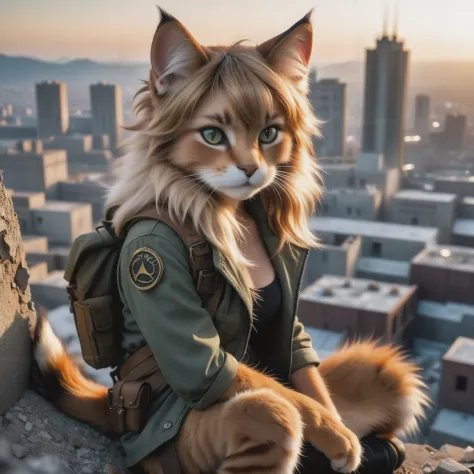 cinematic photo (Highest Quality, 4k, masterpiece:1.1), (realism, photorealistic:1.4), ray traced, hyper realism, soft lighting, detailed background, film grain, (detailed fur texture:1.3),
BREAK
((furry:1.5) cat girl), ((wearing post apocalyptic outfit:1.2)), inside a destroyed city after nuclear blast, sitting on a ammonition chest,looking down from a hill, holding a gun, looking angry, visible fangs (perfect anatomy),((paws)), (aurora borealis), (close up:1.3) . 35mm photograph, film, bokeh, professional, 4k, highly detailed