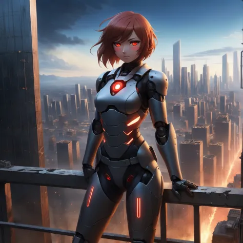 anime artwork woman standing on the edge of a skyscraper looking down,cybernetic red glowing eyes, on the last day on earth, post-apocalyptic destroyed city background , closeup , detailed face, rust, partly robotic
 . anime style, key visual, vibrant, studio anime,  highly detailed