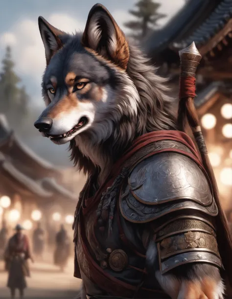 a close up of a wolf with a sword in its hand