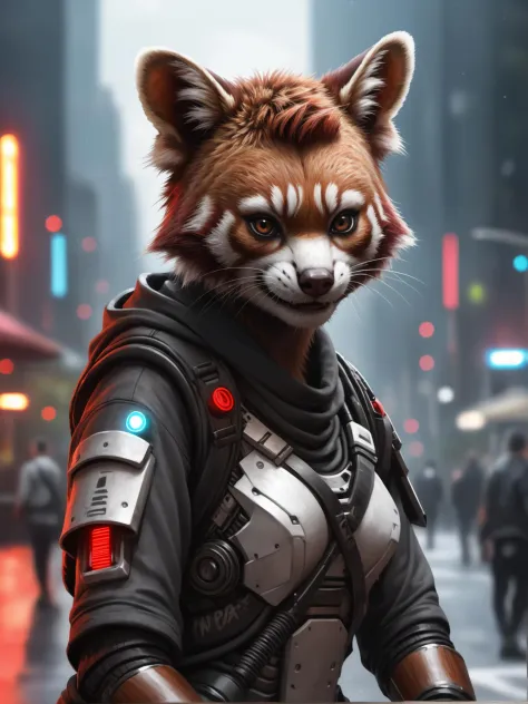 a red panda cyberpunk woman , detailed, realistic, 8k uhd, high quality