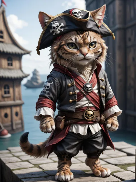 a cute anime cat that wearing a pirate outfit like in the one piece manga, detailed, realistic, 8k uhd, high quality