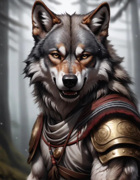 a close up of a wolf with armor on in a forest