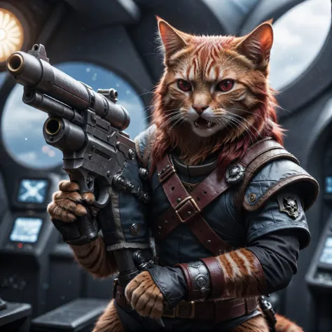 a close up of a cat with a gun in its hand