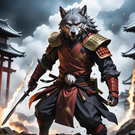 anime artwork anime artwork ((dark anime art:1.1)), a wrathful samurai wolf is storming the battlefield  . anime style, key visu...