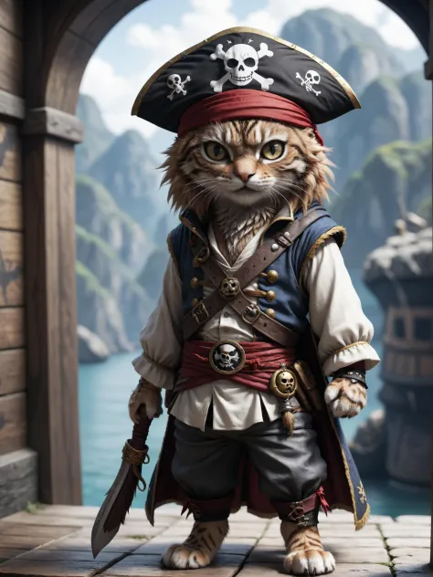 a cute anime cat that wearing a pirate outfit like in the one piece manga, detailed, realistic, 8k uhd, high quality