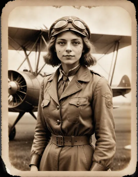1914 photo of a female biplane pilot, 1900 pilot outfit, in a sepia style , ((old photo style)) , (( made with an  bellows camer...
