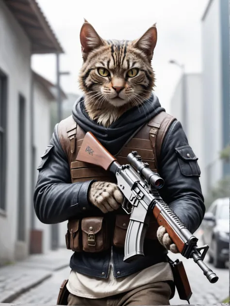 a cat bankrobber is holding an ak47 storming towards the viewer, detailed, realistic, 8k uhd, high quality
