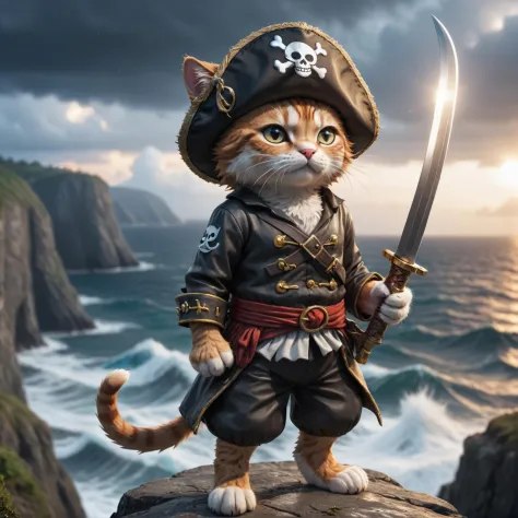 a cute cat pirat one piece outfit wearing a staw hat he is raising his saber and is standing on a cliff and is looking down on a...