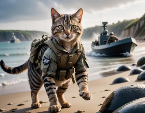 cinematic film still a cute cat soldier is storming omaha beach after the landing craft reached land , heavy gunfire towards the...