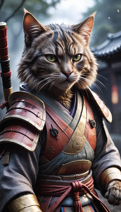(closeup photo cinematic),a samurai cat, battlefield,  2D, colorful, dark atmosphere