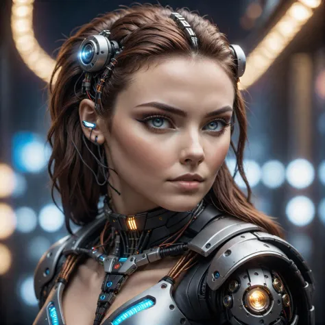 cinematic photo detailed closeup portraid of a Beautiful cyberpunk woman, robotic parts, cables, lights, text; "fenrisxl", high quality photography, 3 point lighting, flash with softbox, 4k, Canon EOS R3, hdr, smooth, sharp focus, high resolution, award wi...