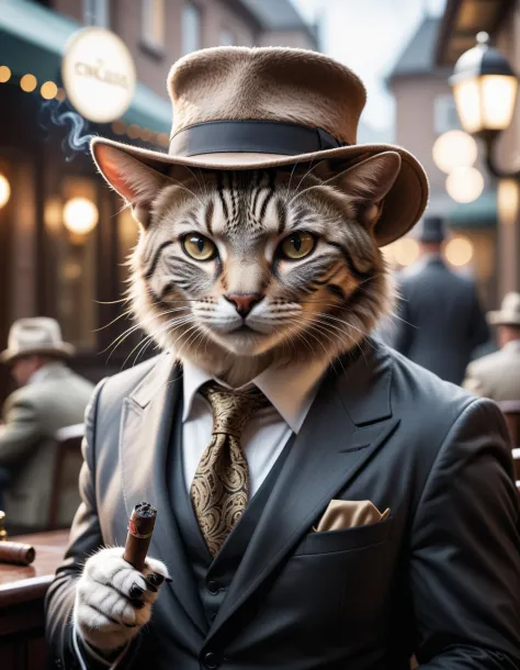 cinematic film still ((BBC Style)) picture of an cat mobster in (wildlife) , smoking his cigar . shallow depth of field, vignett...