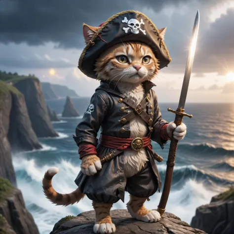 pirate cat with sword and hat standing on rock overlooking ocean