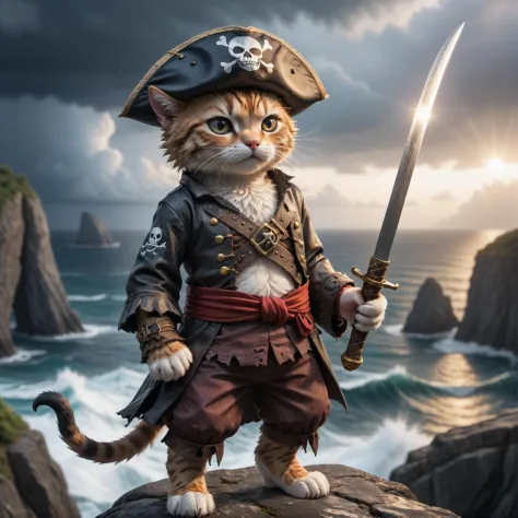 a cute cat pirate one piece outfit wearing a straw hat he is raising his saber and is standing on a cliff and is looking down on...