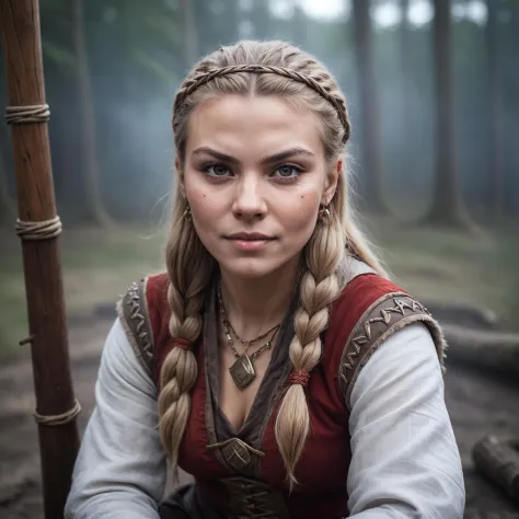 a woman with braids and a red vest sitting in a forest